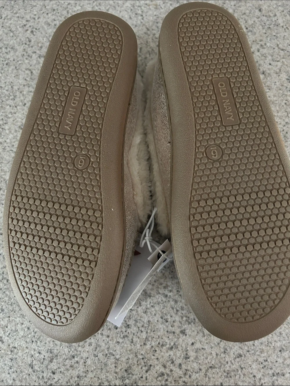 Old Navy Girls Metallic Gold Faux Fur Moccasin Slippers with Brown Bow Accent